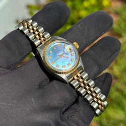 1980s Rolex Datejust 26mm 6917 Dark MOP Diamond Dial Ladies watch Gold Fluted Bezel stainless steel Jubilee Bracelet box tag appraisal
