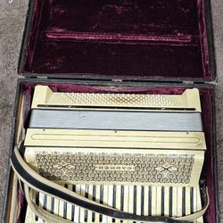 
Antique Hohner Carmen Accordion - Mother of Pearl Inlay & Latticework in Original Case with Leather Straps
