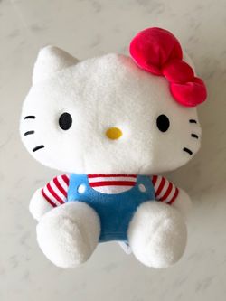 Hello Kitty Round 1 Plush 10" Sanrio Gift Limited Rare Figure Toy Stuffed Animal Blue Overall Red Striped