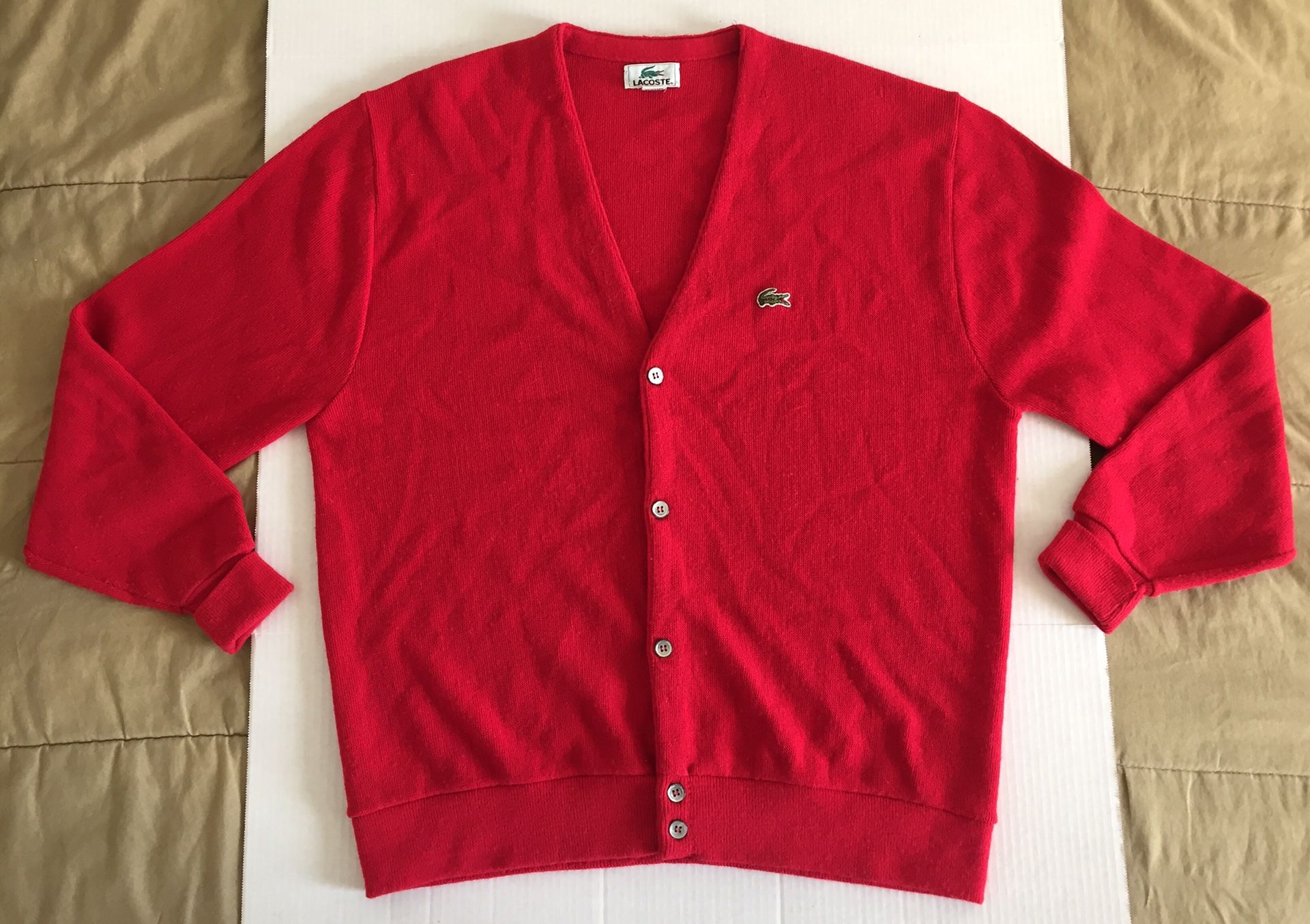 Lacoste Vintage Red Green Classic Button Knit Acrylic Cardigan Sweater Mens Sz XL