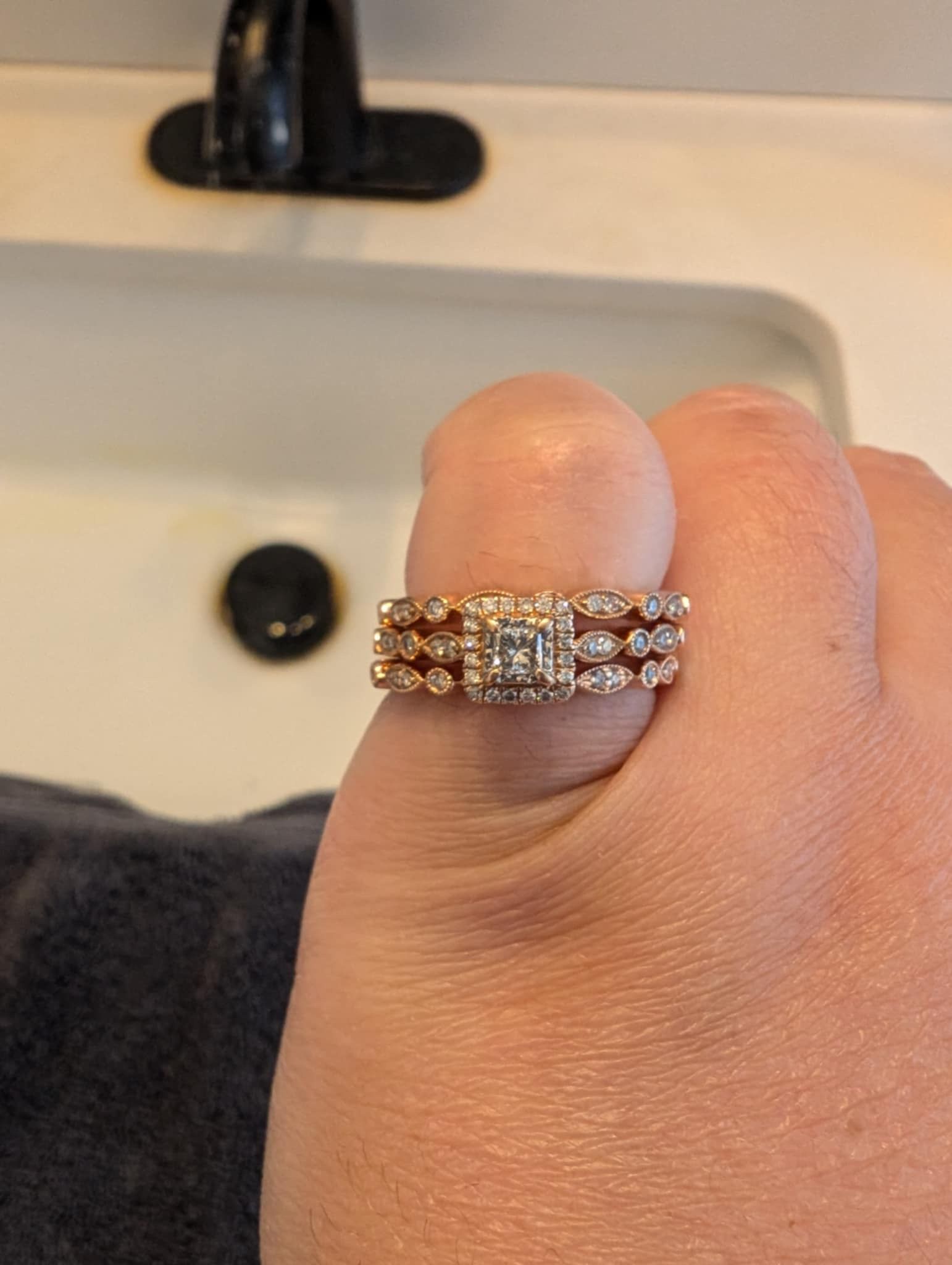 14k Rose Gold Engagement Ring and Two Stackable Bands