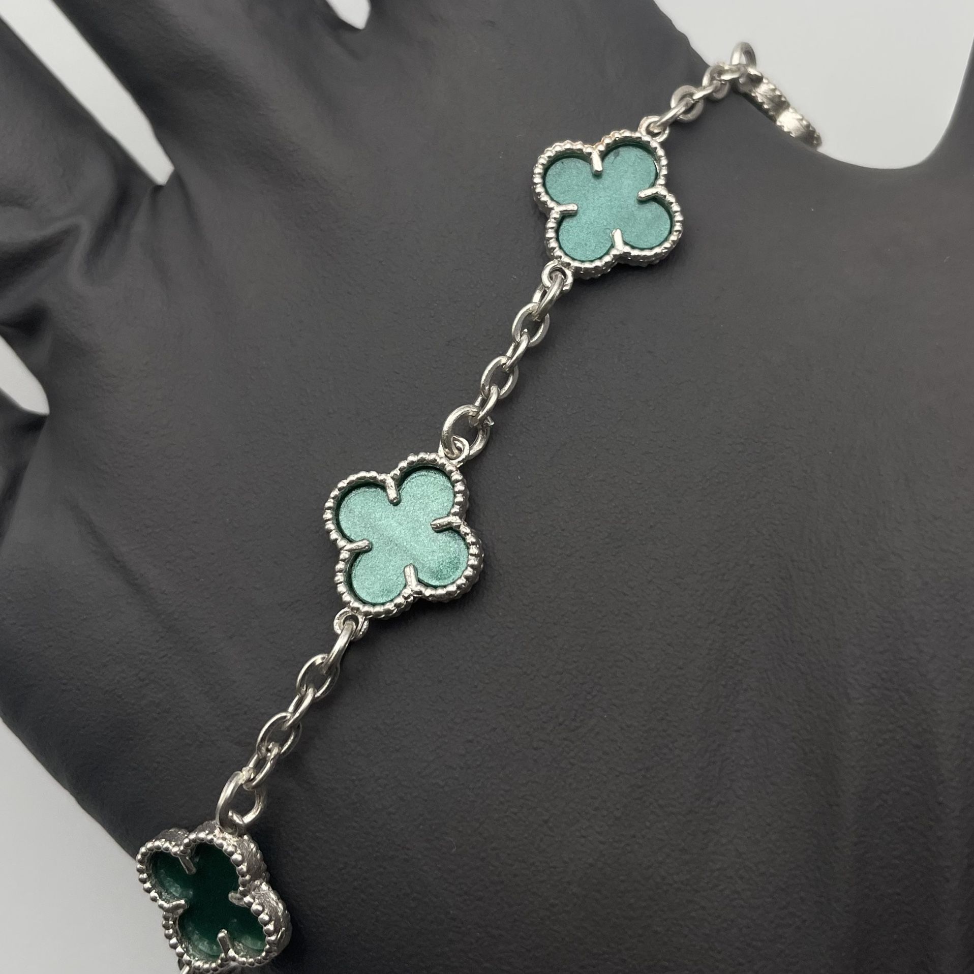 Solid 925 Sterling Silver Green Clover 7” Bracelet