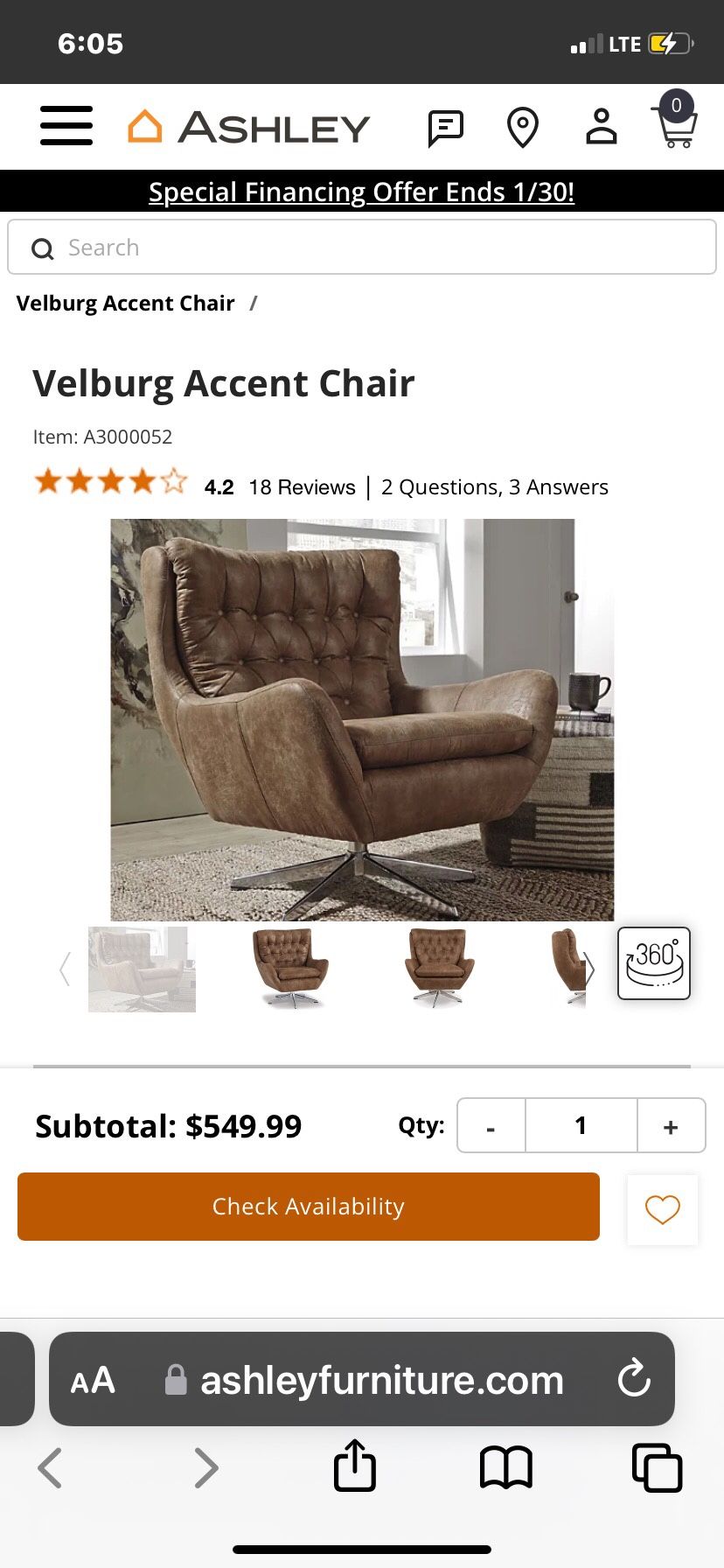 Velburg Accent Chair, Brown.