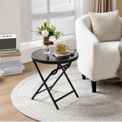 Outdoor Folding Side Table, Round Patio Folding End Table with Silk Tempered Glass Tabletop, Portable Small Garden Bistro Table for Garden Balcony Por