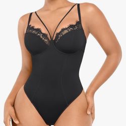 SHAPELLX Women's Shapewear Lace Bodysuit Tummy Control Body Suits Waist Sculpting V Neck Thong Corset Tops