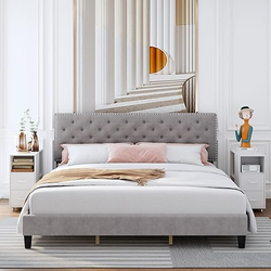 Gray button tufted king size bed frame