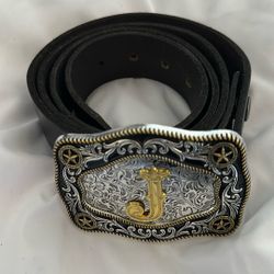 Black Leather Belt With Belt Buckle 