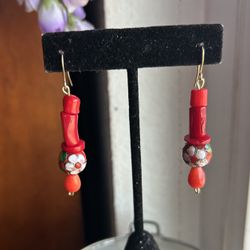 CORAL EARRINGS /Enamel Cloisonné  Rose Beads $15.00