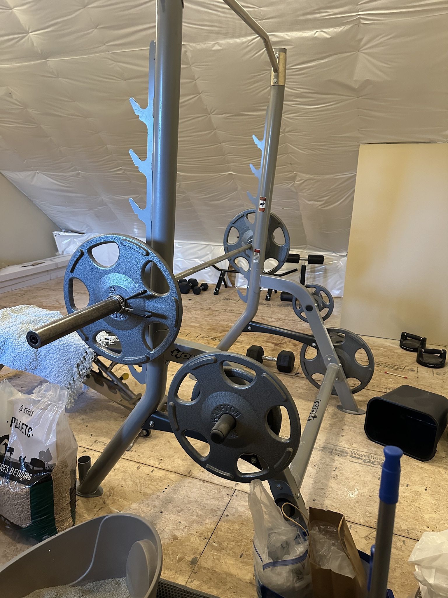 Weight Set. Free Weights. Bar Bells And Bench