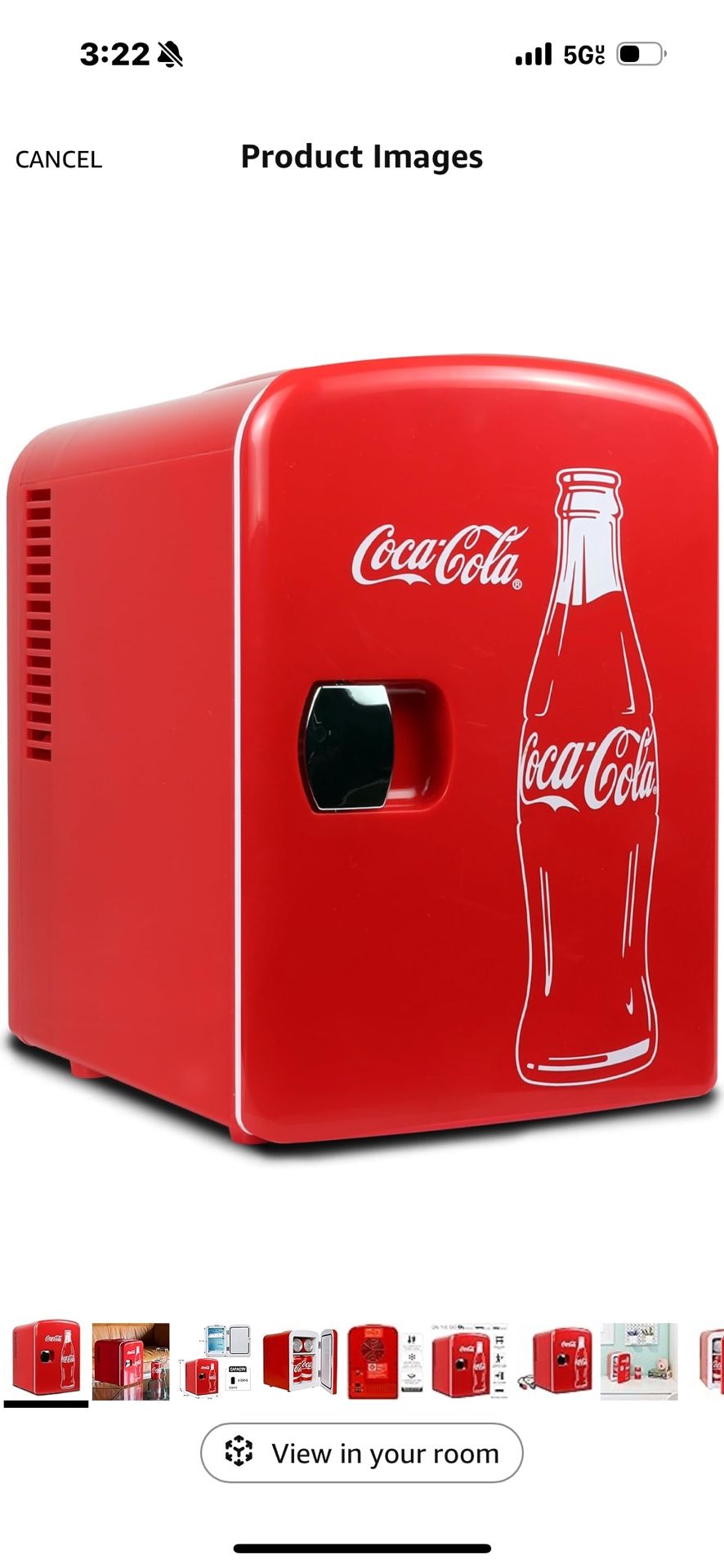 Brand New Coca-Cola Classic Coke Bottle 4L Mini Fridge 12V DC and 110V AC Cords, 6 Can Portable Cooler, Personal Travel Refrigerator for Snacks Lun