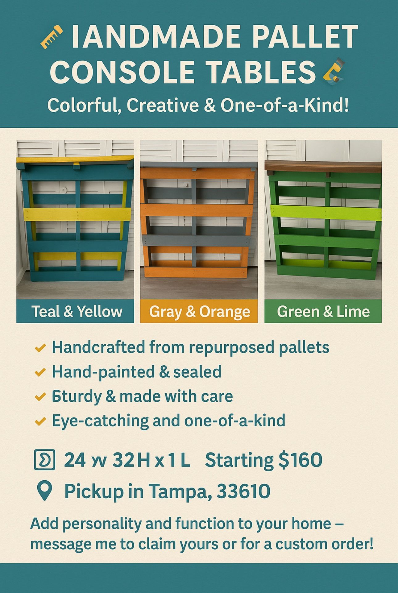 HANDMADE PALLET CONSOLE & TABLES & Colorful, Creative & One-of«-Kind!