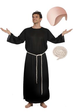 Halloween  plus size monk Uncle Costume Adult Set Black Robe with Cord Belt Bald Cap