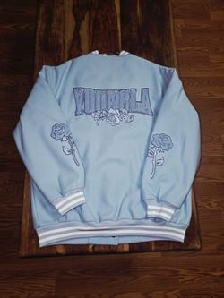 YoungLA Women's Blue Varsity Jacket Snap Front Quilted Lined Rose Logo. Size M