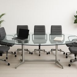 Large Heavy Glass Conference Table – Approx. 42” x 80” Oval + Metal Base