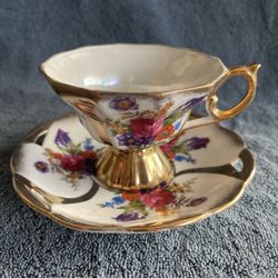 Vintage Japanese Porcelain Tea Cup Saucer Floral Gold Gilt Pedestal Cup