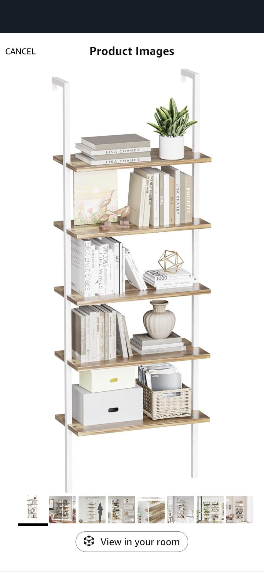 5-Tier Bookshelf, Wall Mount Ladder Shelf with Wood