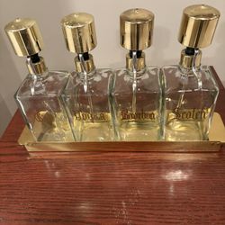 Vintage 4 Pump Glass Liquor Bottles In Tray