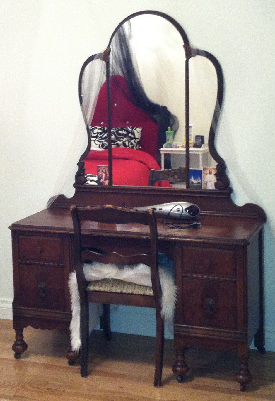 Antique vanity desk with mirror and chair