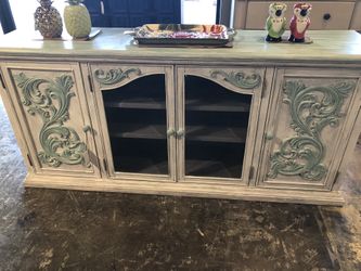 75” Wood Entertainment Cabinet painted in white and beach tone accent colors