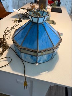 1967 Blue Stained Glass Hanging Lamp with Chain