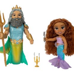 Disney The Little Mermaid Ariel Doll and King Triton Petite Gift Set, 6 Inches Tall with Dinglehopper, Candelabra and King Triton’s Trident Accessory 
