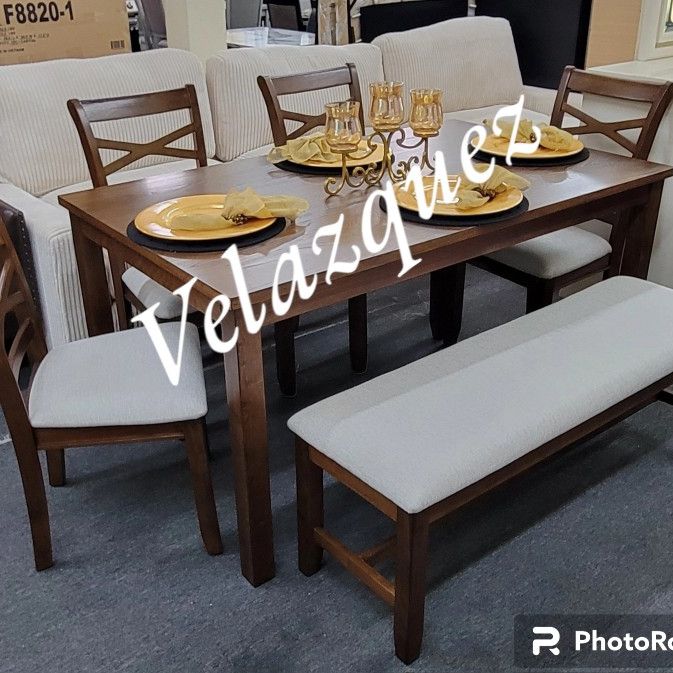 ✅️✅️6 pc brown finish wood dining table set padded seat chairs and bench✅️ ,