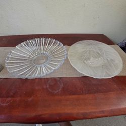 2-Piece Vintage Glass Centerpiece Set: Cut Crystal Sunburst Bowl + Frosted Leaf Platter
