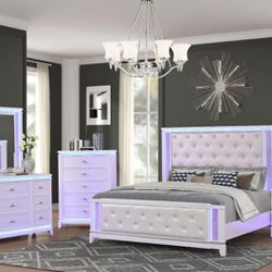 Bedroom Set With LED Lights White King Queen Bed Dresser Mirror Nightstand 