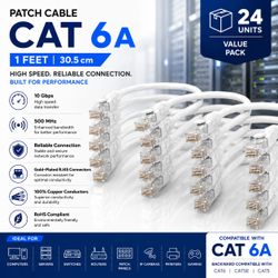 CAT6A Ethernet Patch Cable 1 ft White (24-Pack), 10 Gigabit High-Speed Network Cable, 500MHz UTP RJ45 LAN Cord, Gold-Plated Connectors, Compatible wit
