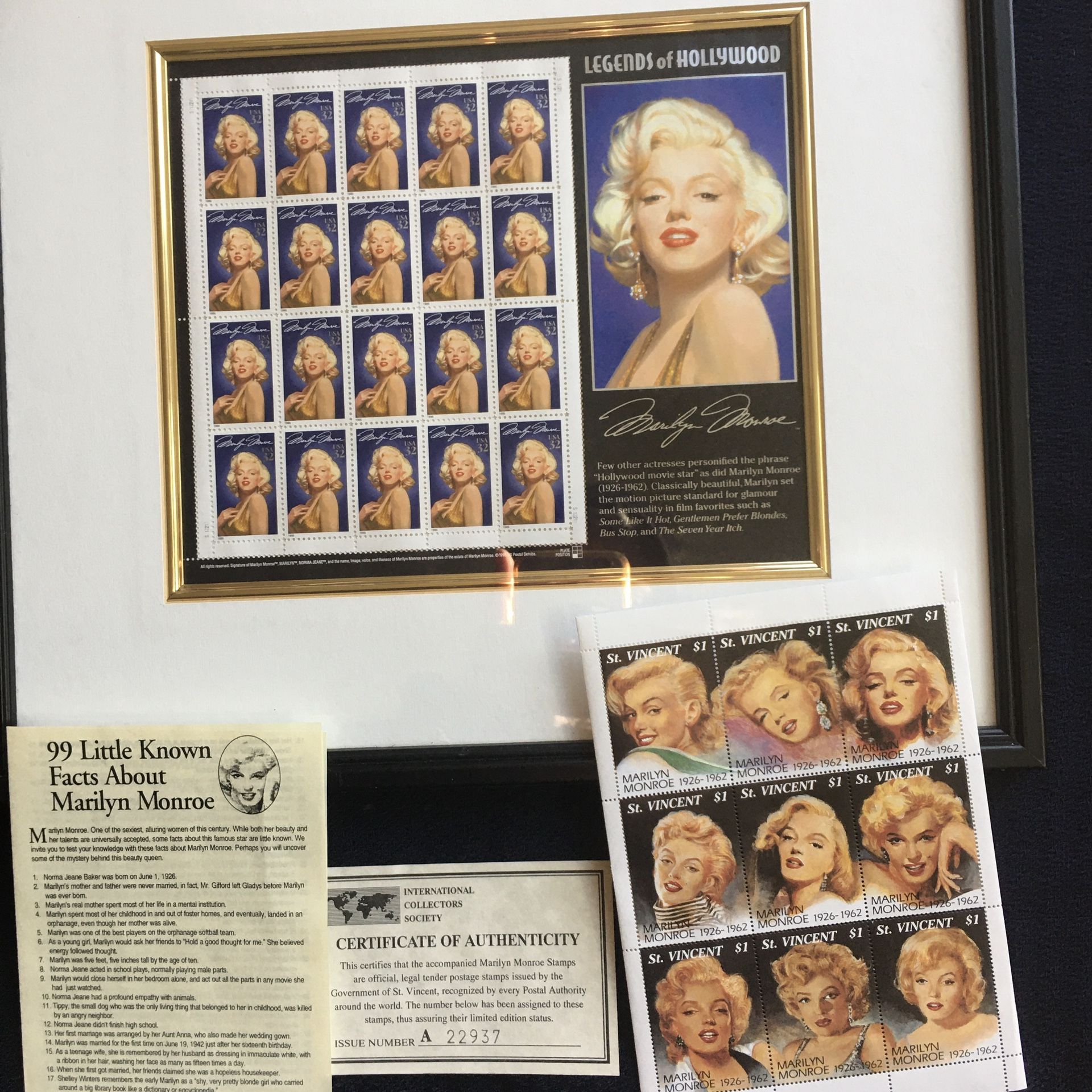 MM Framed Commemorative 32 Stamps-Certified/MM St Vincent $1 1994 Stamps