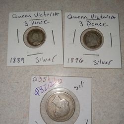 Silver Coins Set Of 3, 1880 Shilling,  1889 3 Pence,  1896 3 Pence 