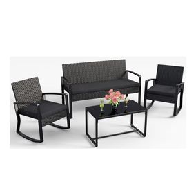 Patio Furniture Set, Outdoor Wicker Patio Furniture with Glass Coffee Table, Modern Rattan Rocking Chairs Conversation Set, for Porch, Garden, Lawn (B