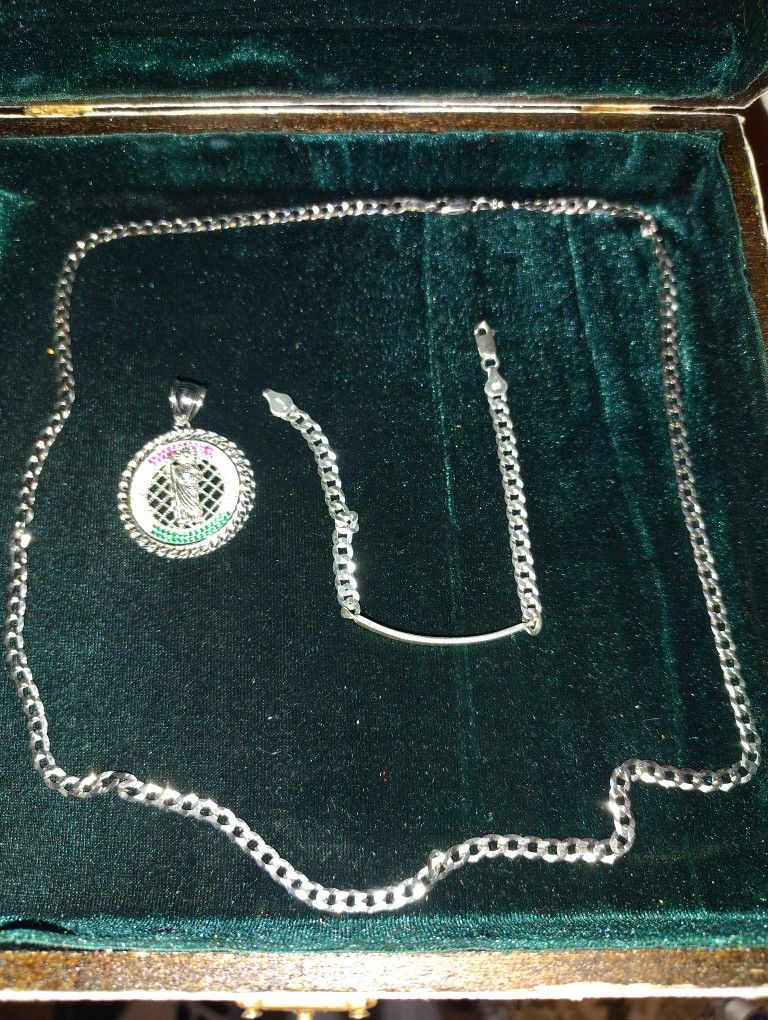 925 Silver Mex Curb Link Chain Pendant And Bracelet