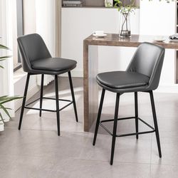 Counter Height Swivel Bar Stools Set of 2, 360° Rotating with Back Support, Faux Leather, Grey