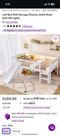 Loft bed - twin size w/led lighting