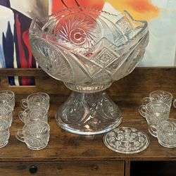 Vintage Crystal Aztec Punchbowl Set Pedestal With 12 Tea Cups