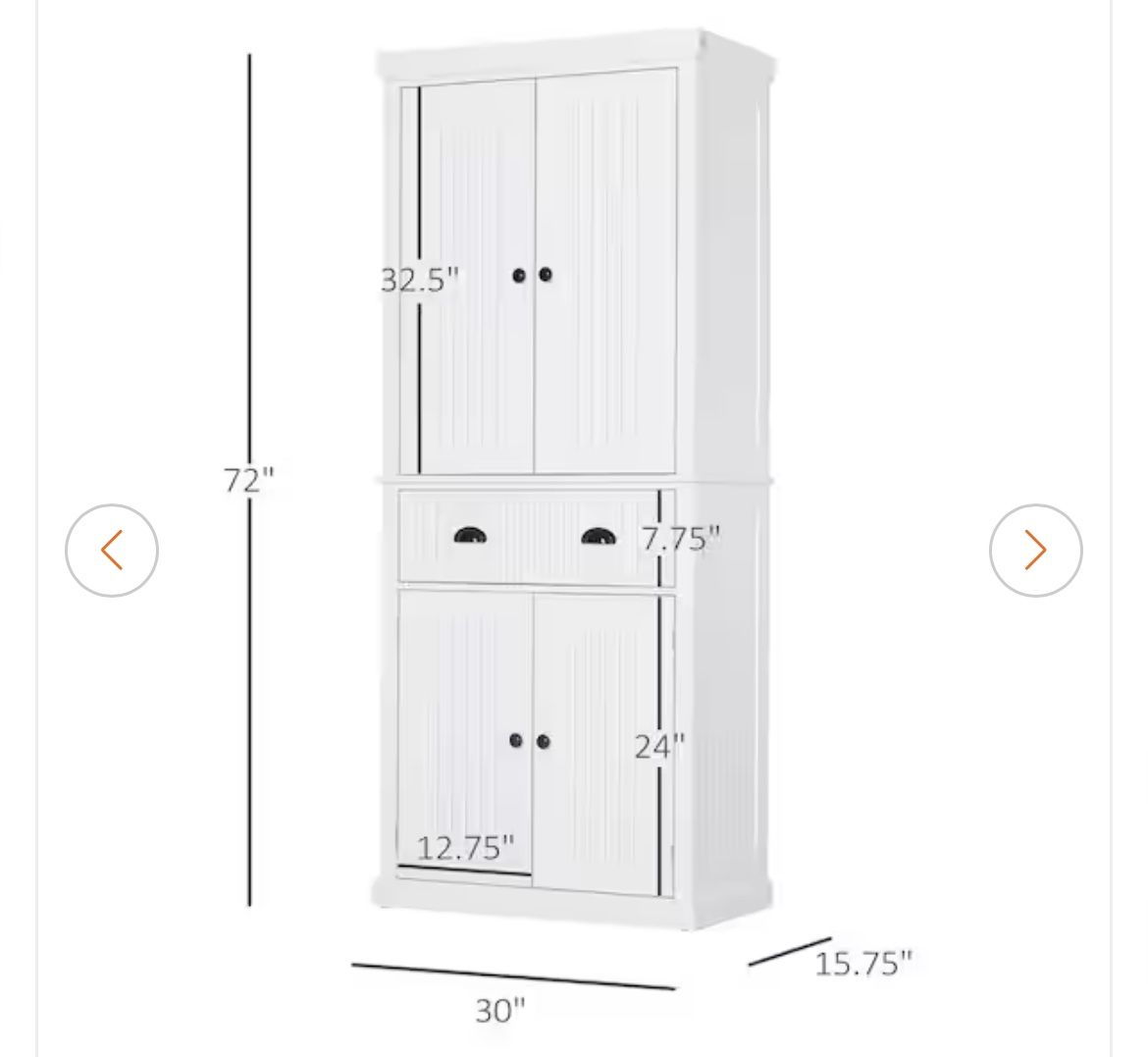 White Freestanding Kitchen Cabinet Pantry with 3-Adjustable Shelves