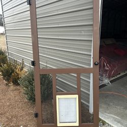 Wood Painted Screen Door With Dog Door 
