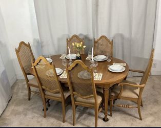 Vintage THOMASVILLE Extendable Dining Table & 6 Cane Back Chairs