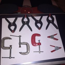 Small Clamp Bundle. 9 Pieces. 3 Each 1" C Clamps. 4 Each Pinch Clamps. 2 Each Smaller Pinch Clamps.
