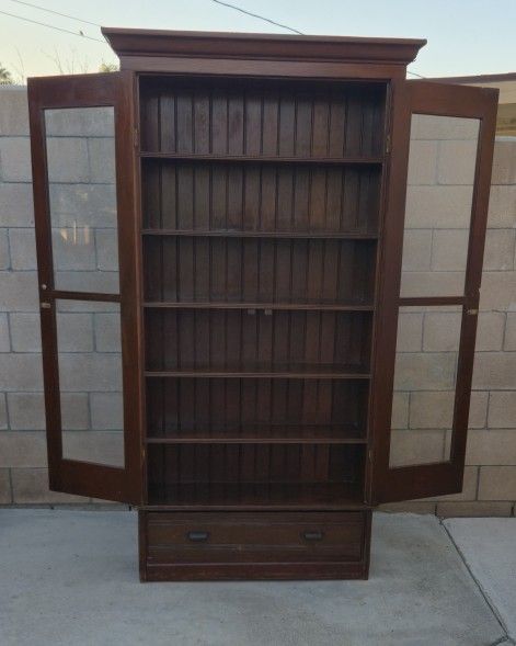 Antique Carved Wood Tall Bookshelf Or China Cabinet Used