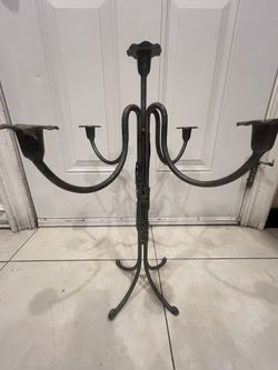 VTG  Wrought Iron Hand Forged Lily Shape Taper Candle Holder Metal Lace Ribbon Embellished 21 1/2” 