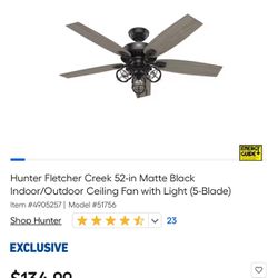 Hunter Fletcher Creek 52-in Matte Black Indoor/Outdoor Ceiling Fan with Light (5-Blade
