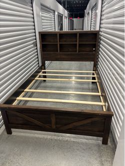 Dark Wood Full Bed Frame w/ Storage Headboard