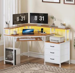 47" Corner Desk with Drawers Power Outlets Gaming Desk Brown