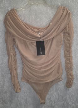 New Fashion Nova Keep Me Sassy Ruched Bodysuit - Size L - Taupe