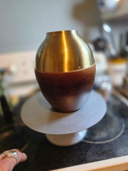 MCM teak and brass vase