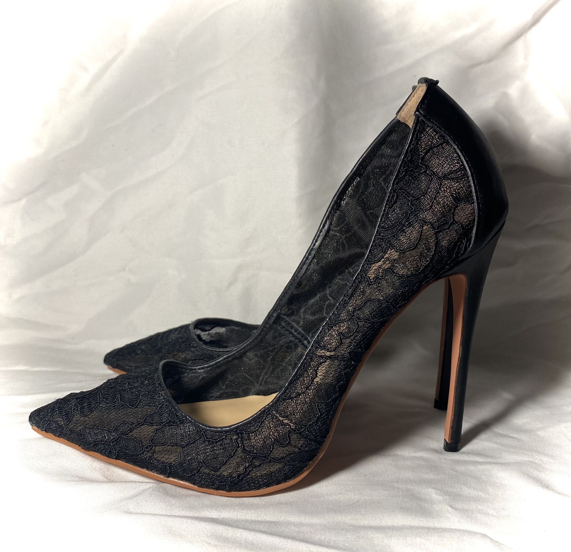 Guoar Pointed Toe Lace Black High Stiletto Heels
