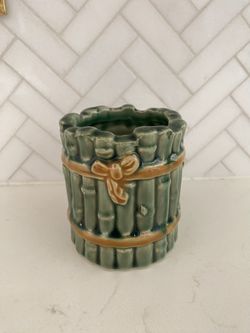 Vintage Majolica Green Bamboo Vase Planter