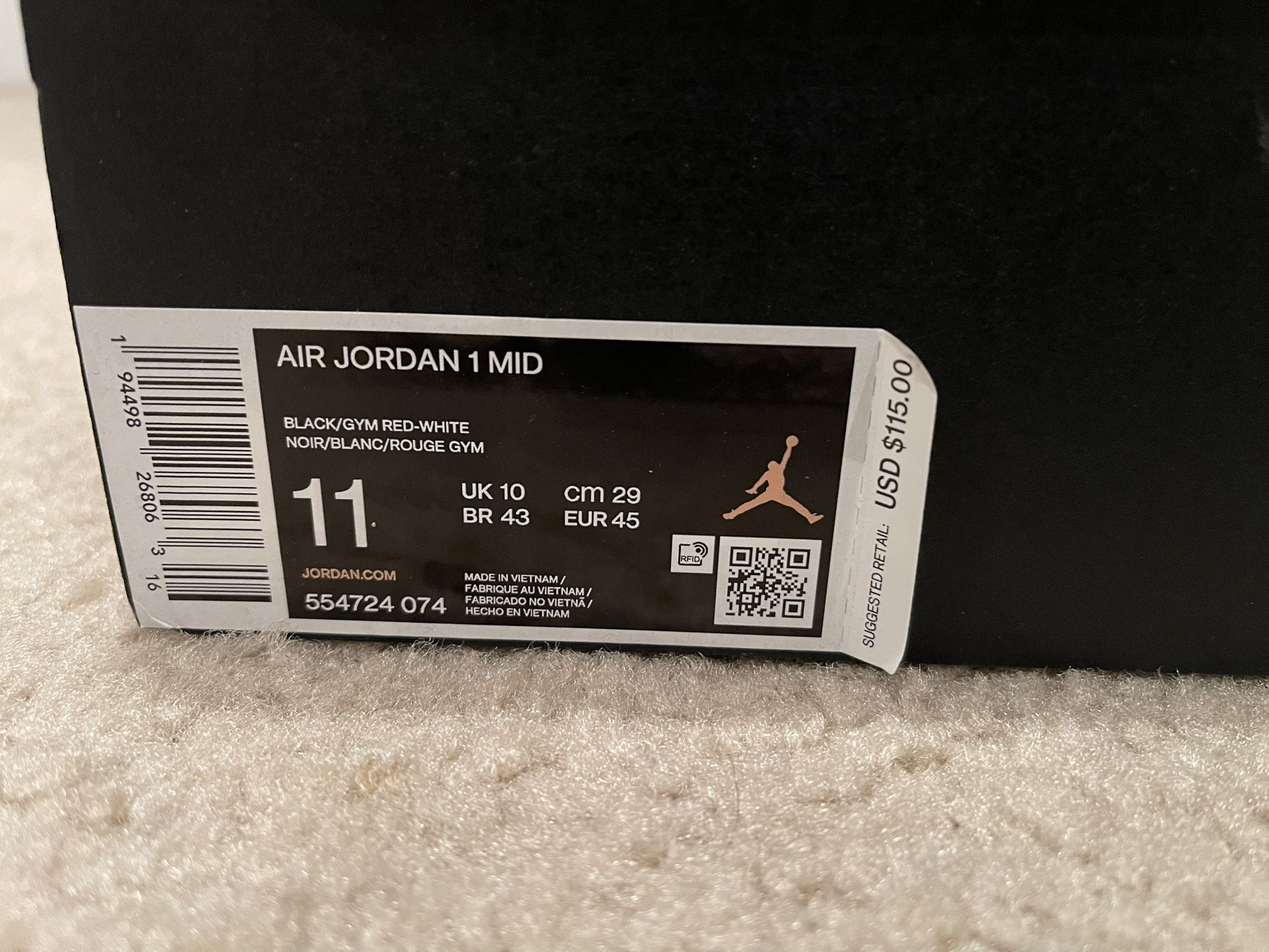 Jordan Mid Banned Bred Sz11 Authenticated